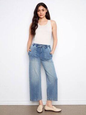 Charlie B Knit Wide-Leg Denim Drawstring Stretch Jogger - Size M